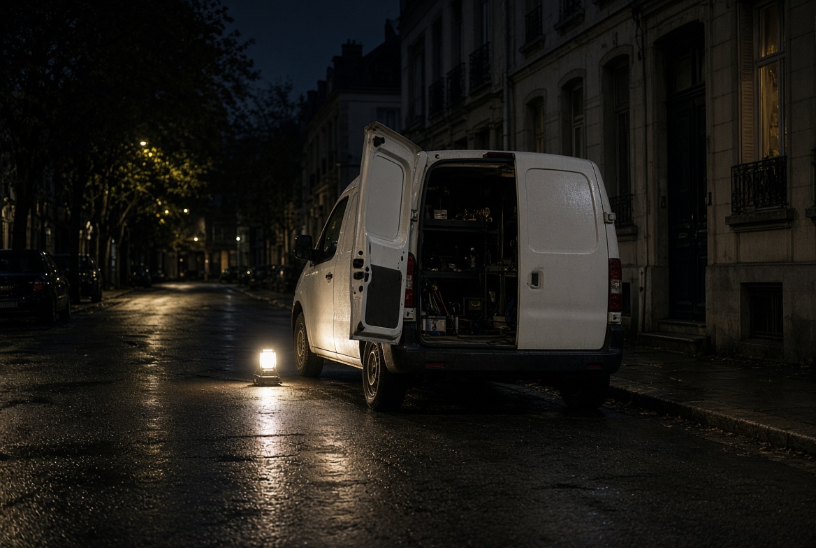 Electrician's van parked on a dark street at night with a work lamp on