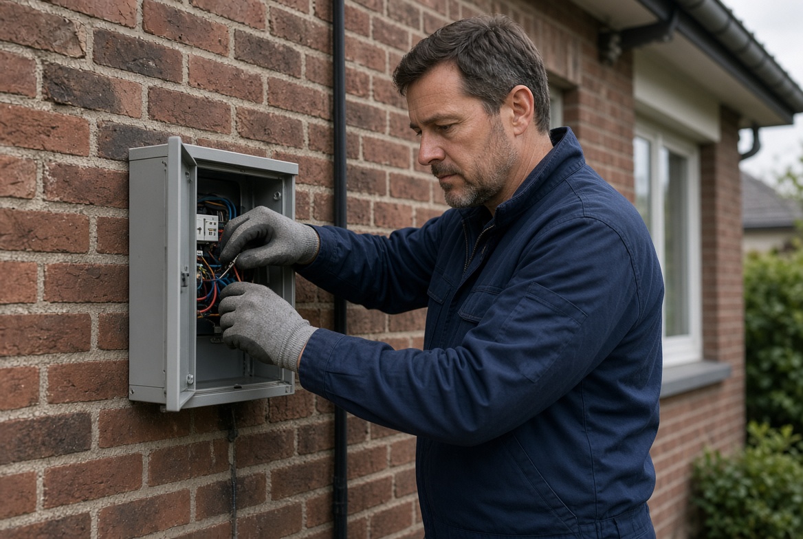 Electrician working inside an outdoor meter cabinet on a brick wall